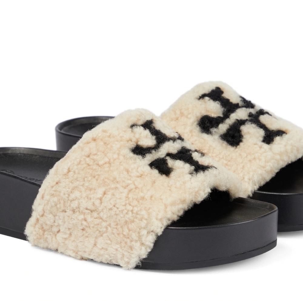 Tory Burch Cream and Black Shearling Slide Sandals
